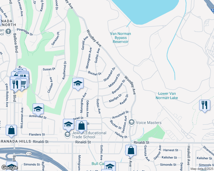 map of restaurants, bars, coffee shops, grocery stores, and more near 16353 Midwood Drive in Los Angeles