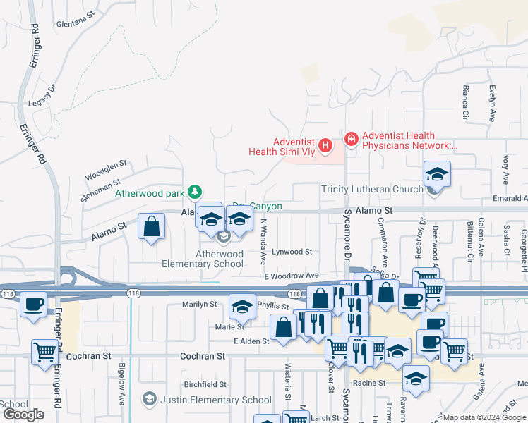 map of restaurants, bars, coffee shops, grocery stores, and more near Alamo Street in Simi Valley