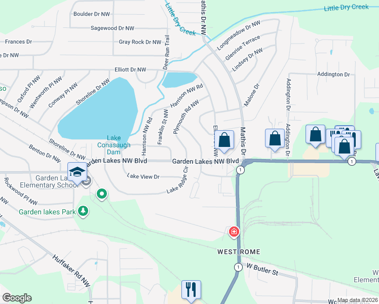 map of restaurants, bars, coffee shops, grocery stores, and more near 4 Plymouth Road Northwest in Rome