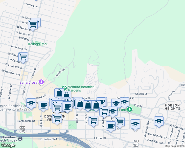 map of restaurants, bars, coffee shops, grocery stores, and more near 911 Vallecito Drive in Ventura