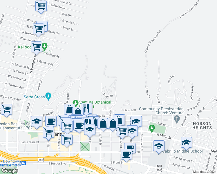 map of restaurants, bars, coffee shops, grocery stores, and more near 911 Vallecito Drive in Ventura
