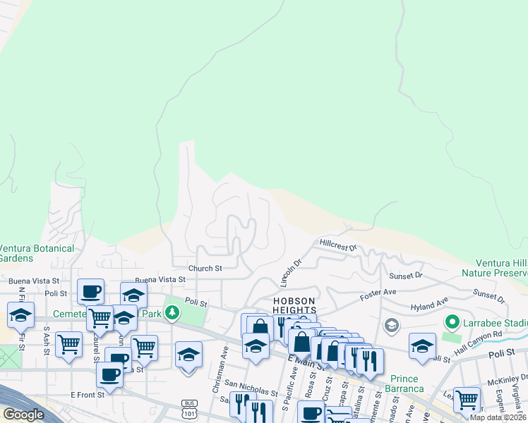 map of restaurants, bars, coffee shops, grocery stores, and more near 445 Lupine Way in Ventura