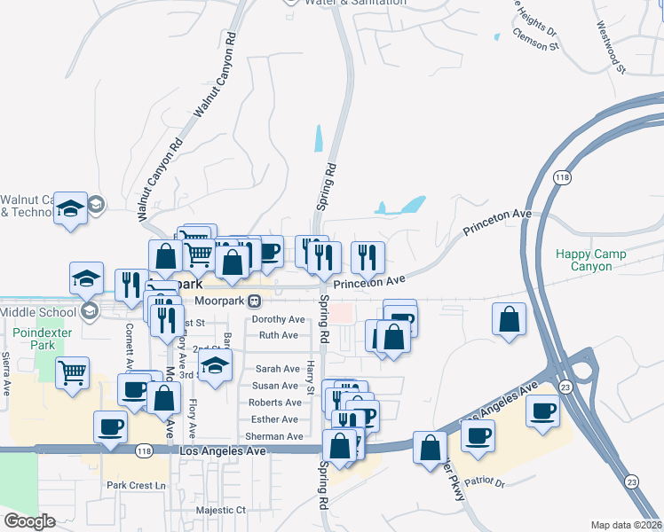map of restaurants, bars, coffee shops, grocery stores, and more near 550 Charles Street in Moorpark
