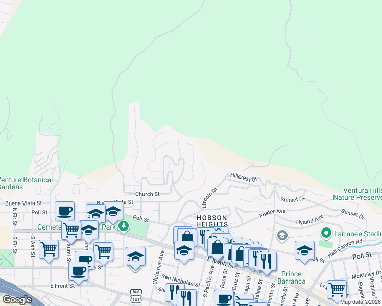 map of restaurants, bars, coffee shops, grocery stores, and more near 445 Lupine Way in Ventura