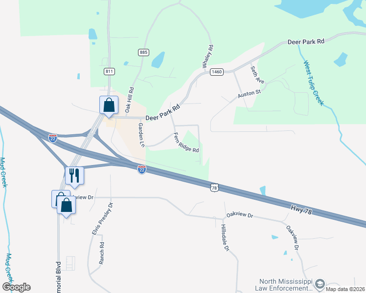 map of restaurants, bars, coffee shops, grocery stores, and more near Fern Ridge Road in Tupelo