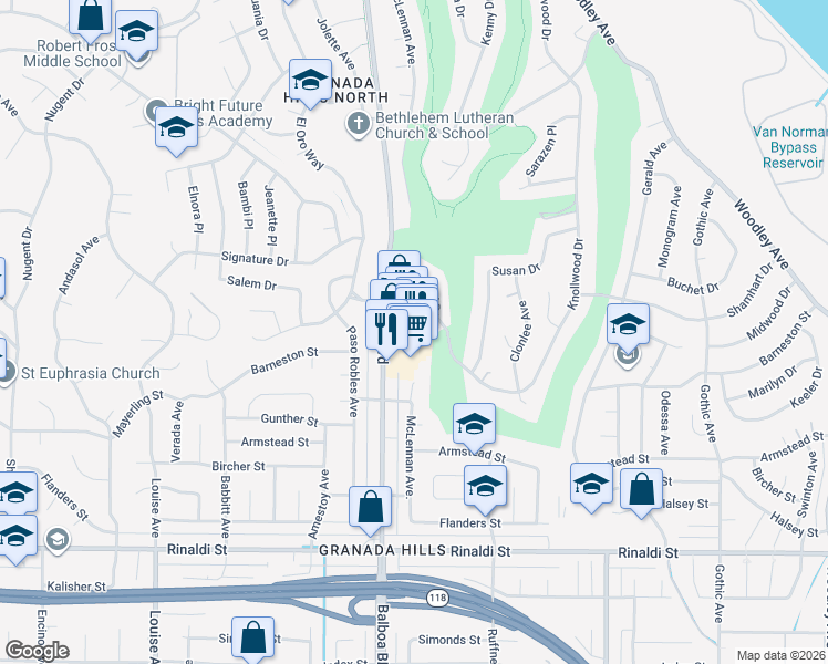map of restaurants, bars, coffee shops, grocery stores, and more near 118581/2 Balboa Boulevard in Los Angeles