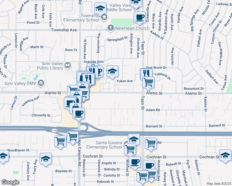 map of restaurants, bars, coffee shops, grocery stores, and more near 2861 Fairbanks Avenue in Simi Valley