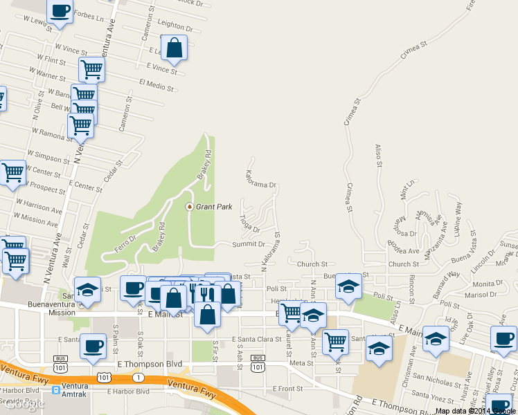 map of restaurants, bars, coffee shops, grocery stores, and more near 530 Kalorama Drive in Ventura