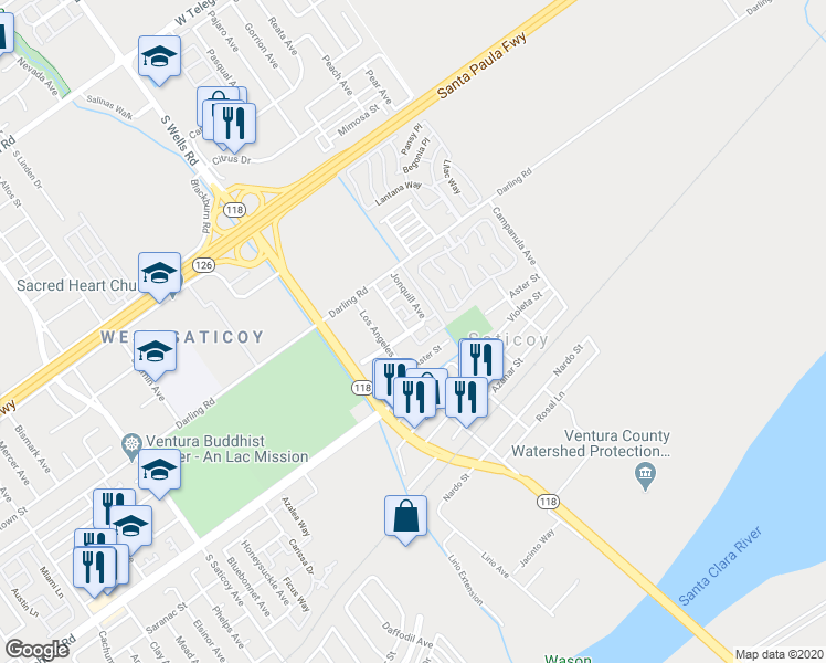 map of restaurants, bars, coffee shops, grocery stores, and more near 11172 Snapdragon Street in Ventura