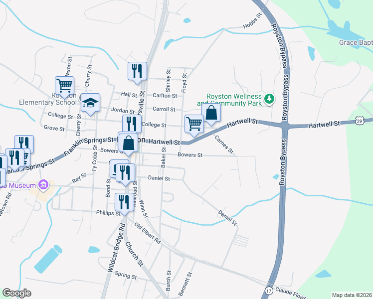 map of restaurants, bars, coffee shops, grocery stores, and more near 223 Hartwell Street in Royston