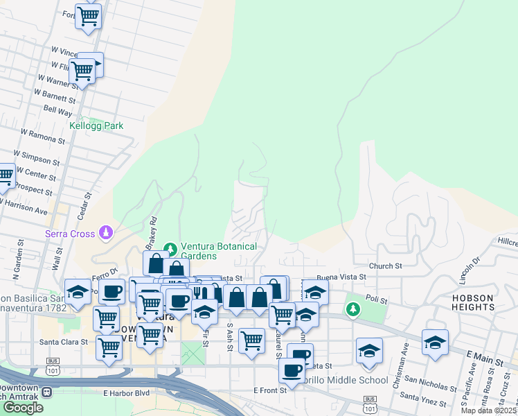 map of restaurants, bars, coffee shops, grocery stores, and more near 932 Vallecito Drive in Ventura