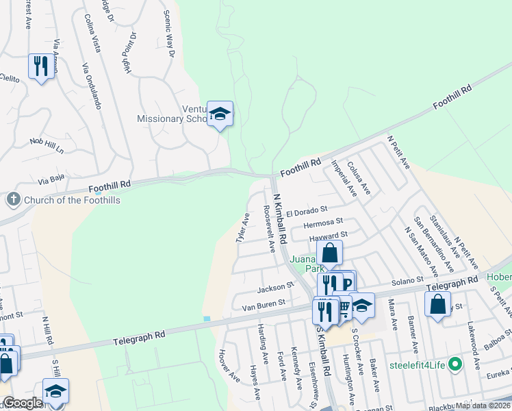 map of restaurants, bars, coffee shops, grocery stores, and more near 398 Tyler Avenue in Ventura