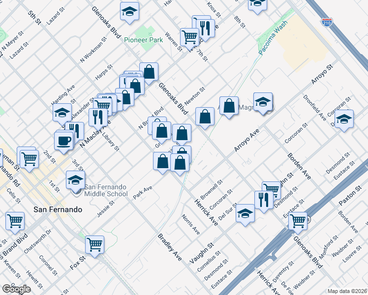 map of restaurants, bars, coffee shops, grocery stores, and more near 710 Jessie Street in San Fernando