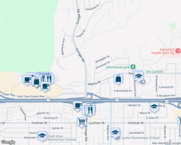map of restaurants, bars, coffee shops, grocery stores, and more near 2835 Big Sky Place in Simi Valley