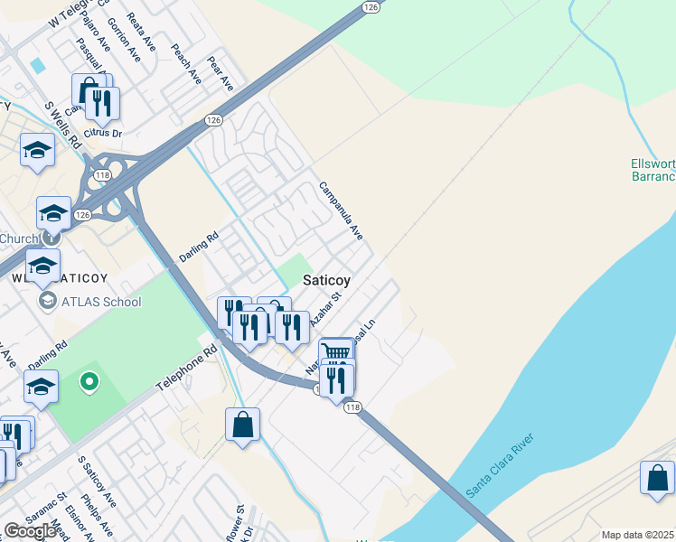 map of restaurants, bars, coffee shops, grocery stores, and more near 11370 Aster Street in Ventura
