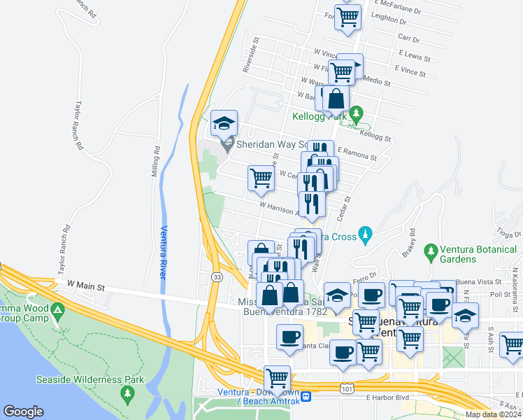 map of restaurants, bars, coffee shops, grocery stores, and more near 423 North Olive Street in Ventura