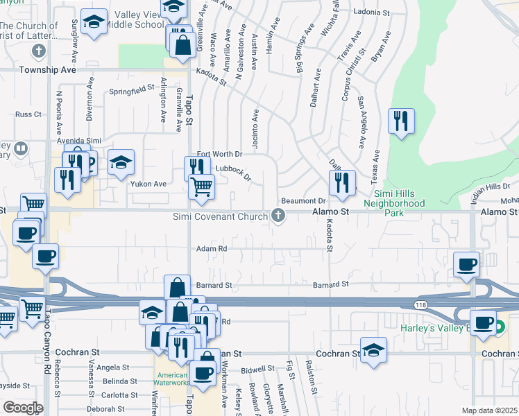 map of restaurants, bars, coffee shops, grocery stores, and more near 2805 El Paso Avenue in Simi Valley