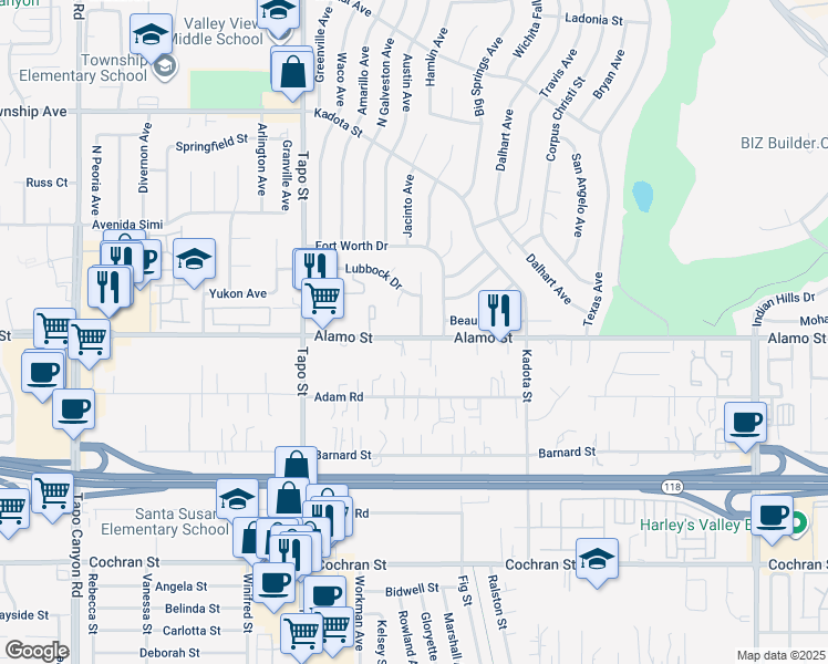 map of restaurants, bars, coffee shops, grocery stores, and more near 2805 El Paso Avenue in Simi Valley