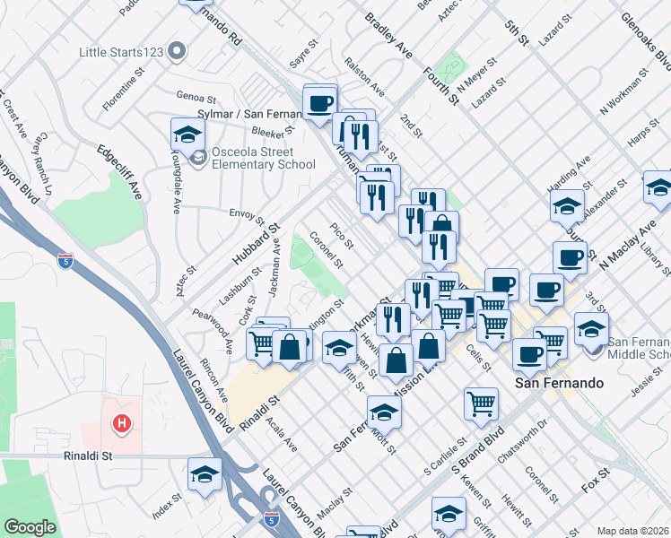 map of restaurants, bars, coffee shops, grocery stores, and more near 1524 Coronel Street in San Fernando