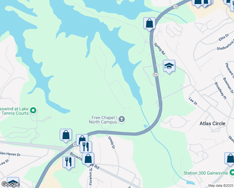 map of restaurants, bars, coffee shops, grocery stores, and more near 2650 Waters Edge Drive in Gainesville