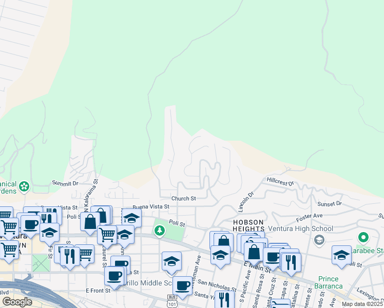 map of restaurants, bars, coffee shops, grocery stores, and more near Mariposa Drive & Mint Lane in Ventura