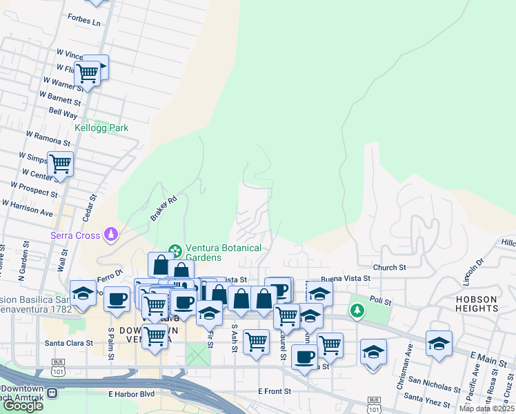 map of restaurants, bars, coffee shops, grocery stores, and more near 925 Vallecito Drive in Ventura