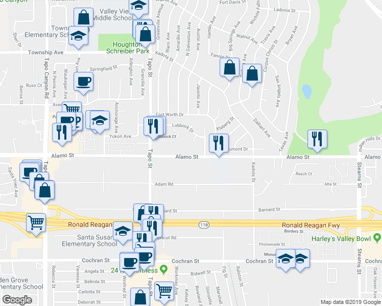 map of restaurants, bars, coffee shops, grocery stores, and more near 4581 Alamo Street in Simi Valley