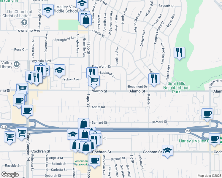 map of restaurants, bars, coffee shops, grocery stores, and more near 4565 Alamo Street in Simi Valley