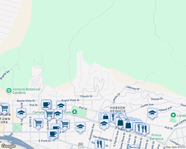 map of restaurants, bars, coffee shops, grocery stores, and more near 489 Mariposa Drive in Ventura