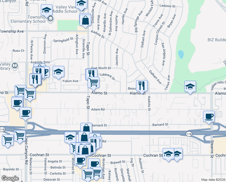 map of restaurants, bars, coffee shops, grocery stores, and more near 4569 Alamo Street in Simi Valley