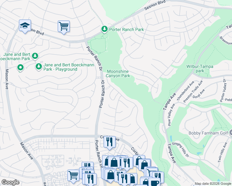 map of restaurants, bars, coffee shops, grocery stores, and more near 11787 Oakhurst Way in Los Angeles