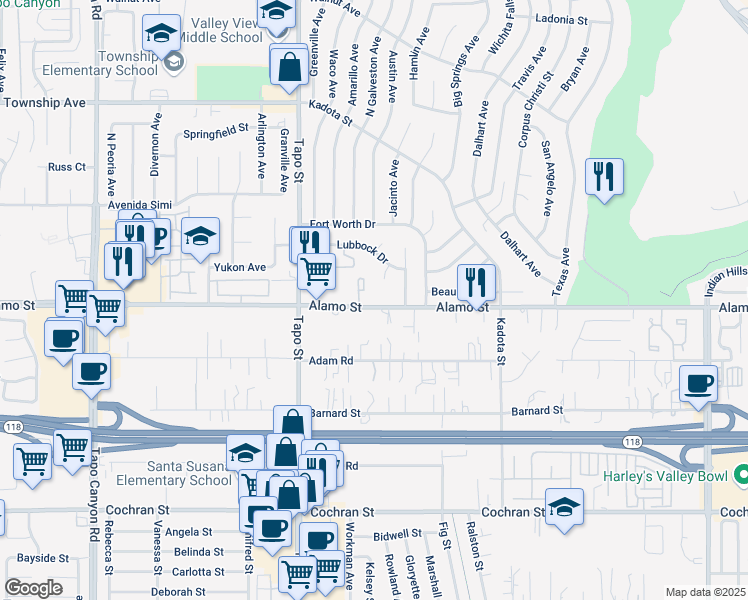 map of restaurants, bars, coffee shops, grocery stores, and more near 4565 Alamo Street in Simi Valley