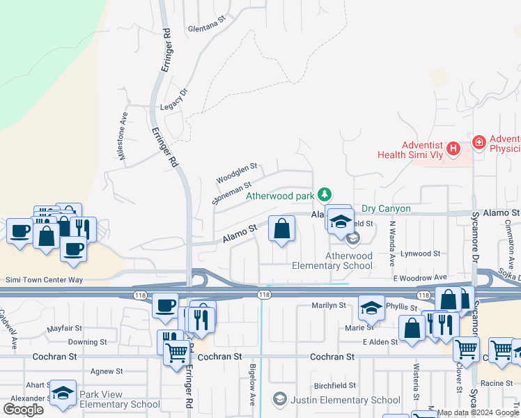 map of restaurants, bars, coffee shops, grocery stores, and more near 2083 Booth Street in Simi Valley