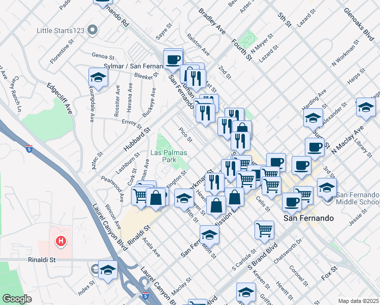 map of restaurants, bars, coffee shops, grocery stores, and more near 1524 Coronel Street in San Fernando