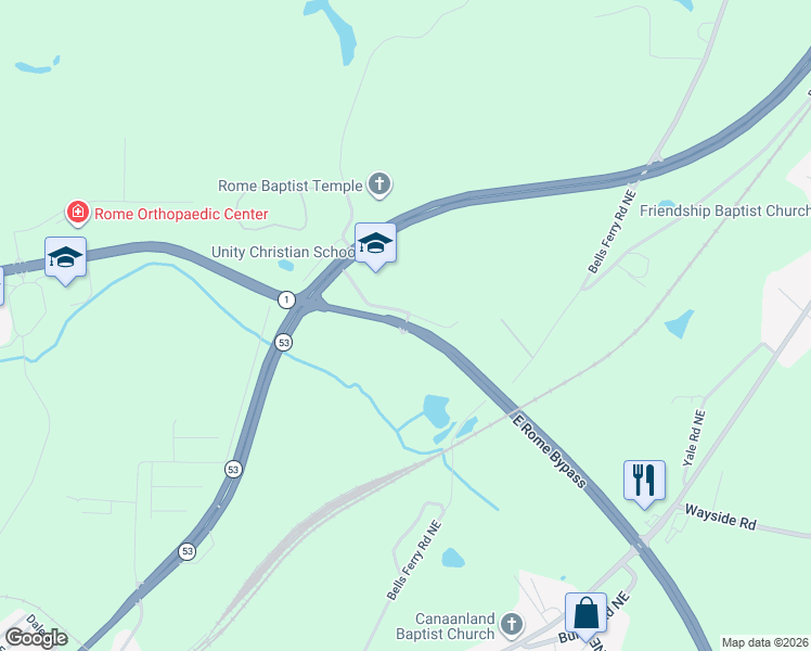 map of restaurants, bars, coffee shops, grocery stores, and more near 2960 New Calhoun Highway Northeast in Rome