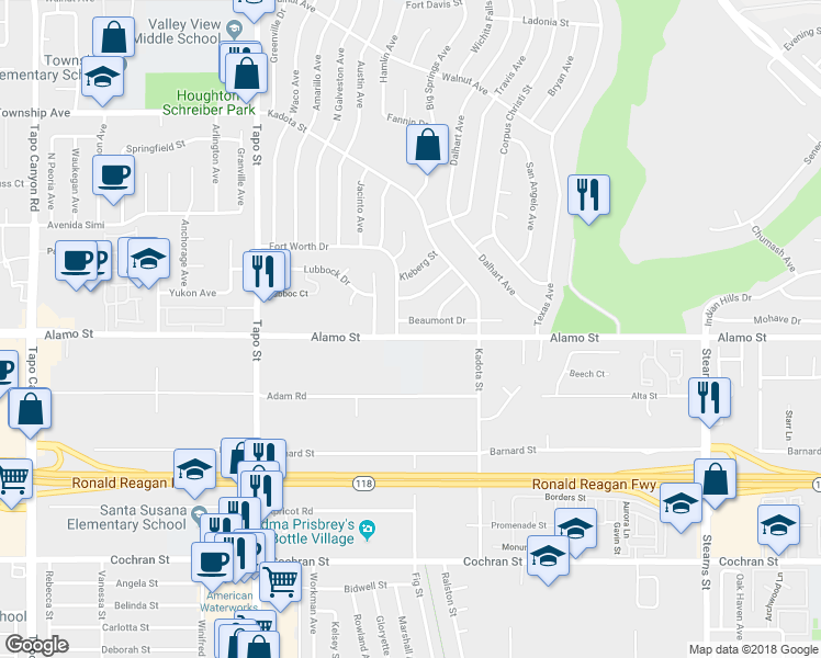 map of restaurants, bars, coffee shops, grocery stores, and more near 4624 Beaumont Drive in Simi Valley