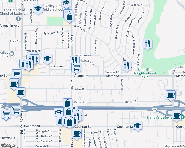 map of restaurants, bars, coffee shops, grocery stores, and more near 4569 Alamo Street in Simi Valley