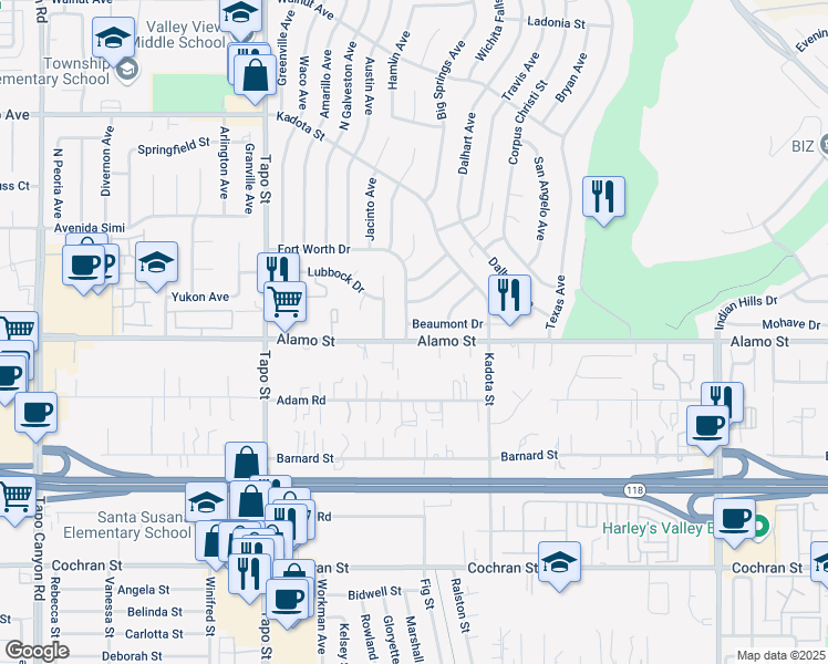 map of restaurants, bars, coffee shops, grocery stores, and more near 4608 Beaumont Drive in Simi Valley