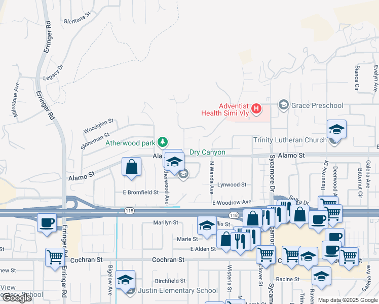 map of restaurants, bars, coffee shops, grocery stores, and more near 2364 Amber Grove Court in Simi Valley