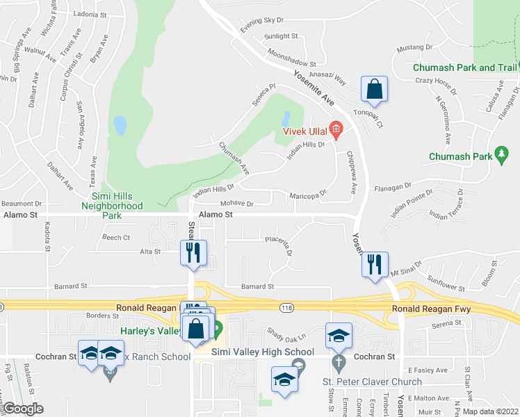 map of restaurants, bars, coffee shops, grocery stores, and more near 5394 Mohave Drive in Simi Valley