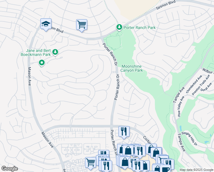 map of restaurants, bars, coffee shops, grocery stores, and more near 20048 Mersey Lane in Los Angeles