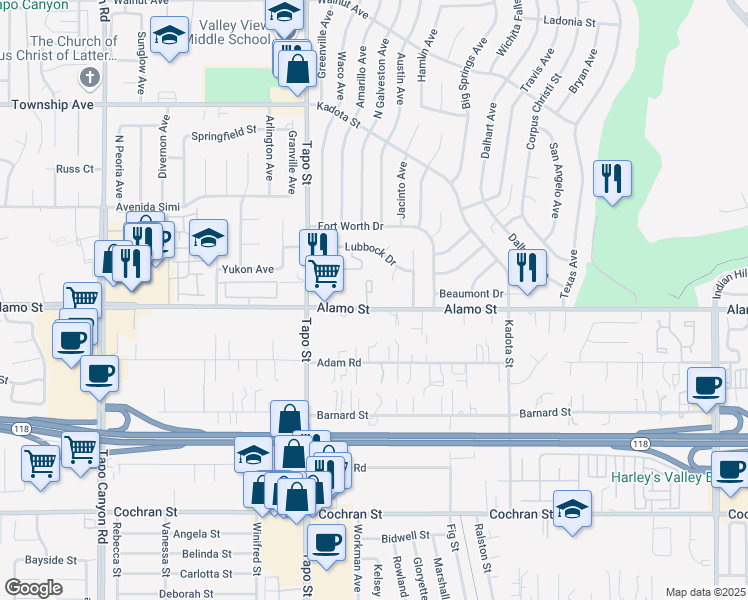 map of restaurants, bars, coffee shops, grocery stores, and more near 4541 Alamo Street in Simi Valley