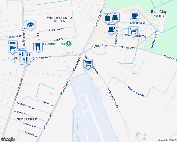 map of restaurants, bars, coffee shops, grocery stores, and more near 2725 Old Wrightsboro Road in Wilmington