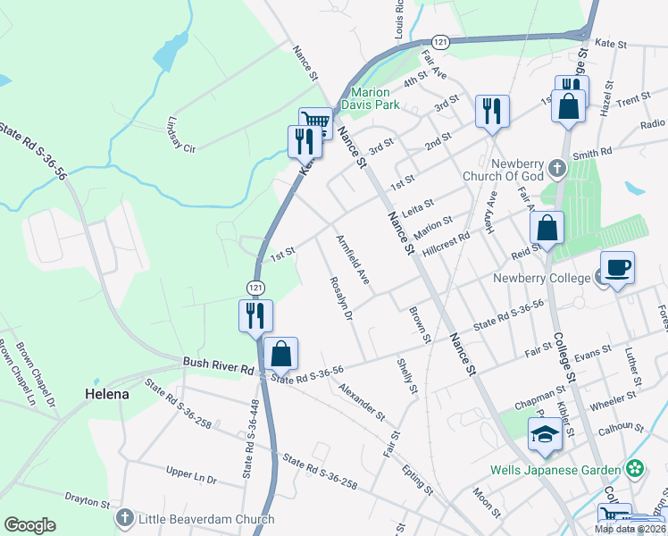map of restaurants, bars, coffee shops, grocery stores, and more near 2423 Armfield Avenue in Newberry