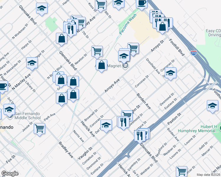 map of restaurants, bars, coffee shops, grocery stores, and more near 850 Arroyo Street in San Fernando