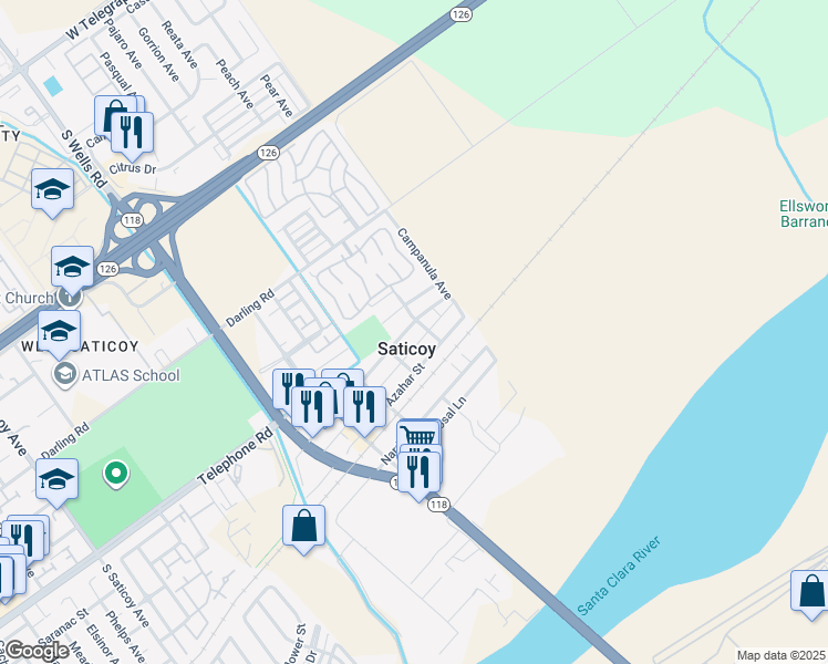 map of restaurants, bars, coffee shops, grocery stores, and more near 11390 Violeta Street in Ventura