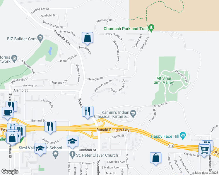 map of restaurants, bars, coffee shops, grocery stores, and more near 5861 Indian Terrace Drive in Simi Valley