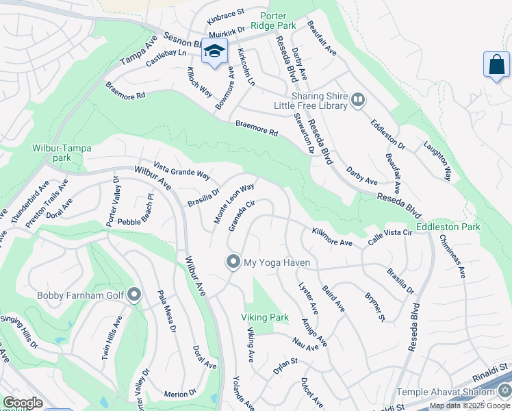 map of restaurants, bars, coffee shops, grocery stores, and more near 18924 Granada Circle in Los Angeles