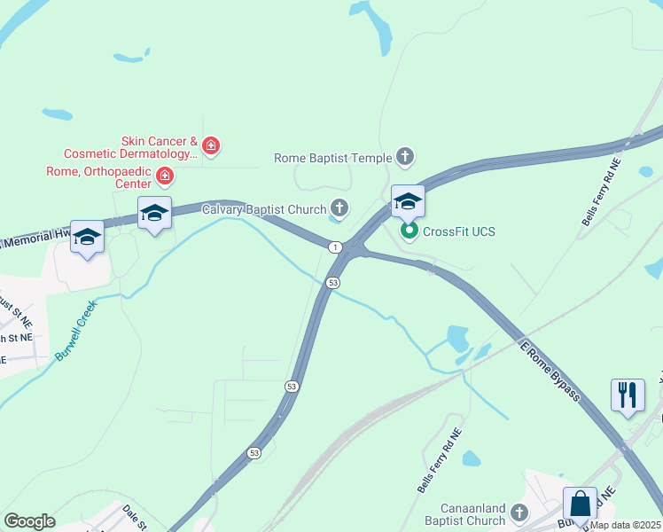 map of restaurants, bars, coffee shops, grocery stores, and more near 2875 New Calhoun Highway Northeast in Rome