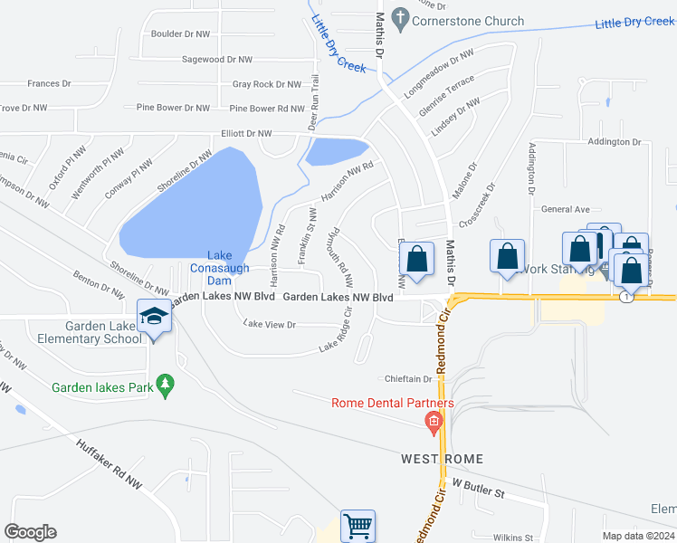 map of restaurants, bars, coffee shops, grocery stores, and more near 7 Plymouth Road Northwest in Rome
